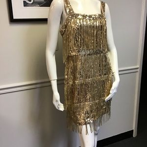 Gold sequin Cocktail Prom Fringe Dancing party dress Roaring 1920 Flapper Medium